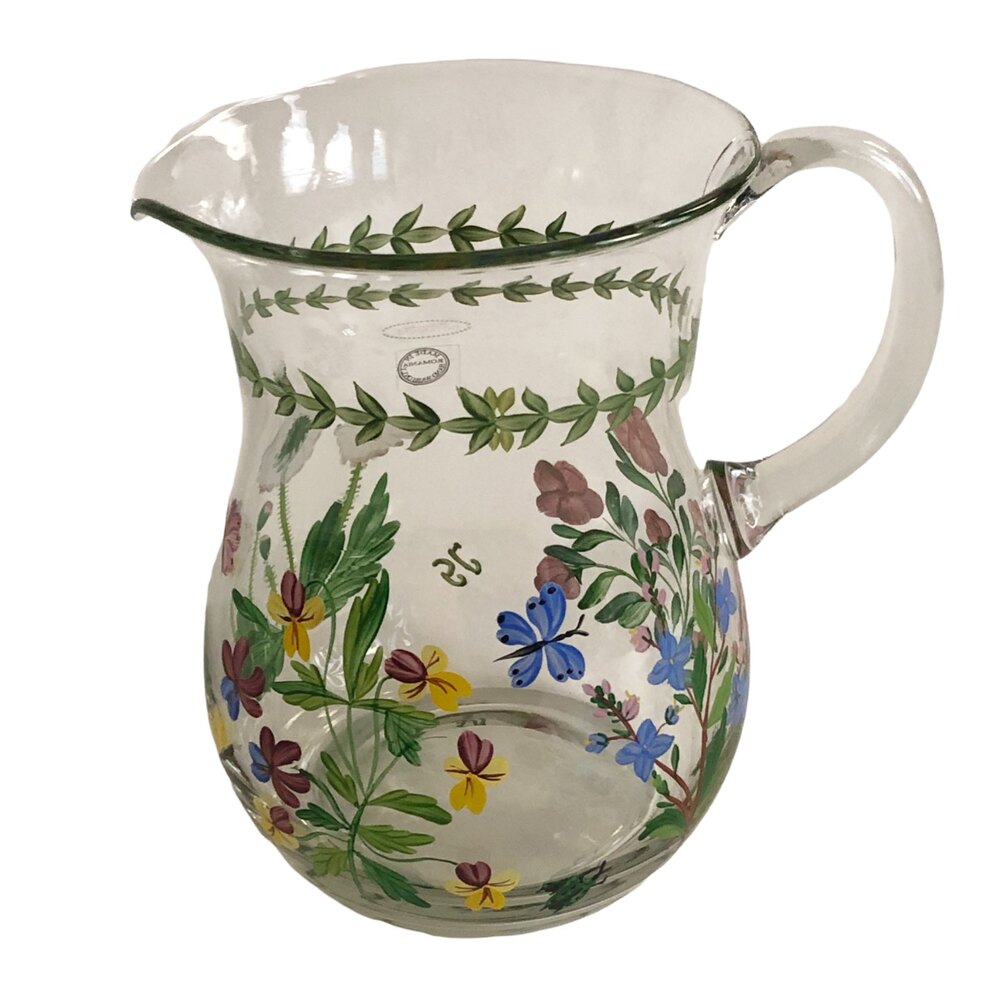 Williamsburg Botanical Glass Pitcher Handpainted Wildflowers Butterflies Romania